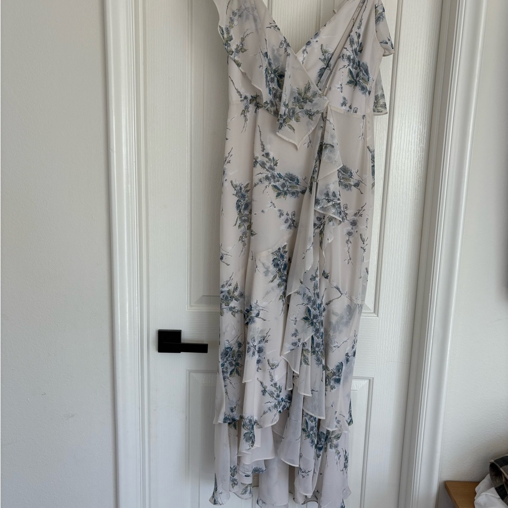 Wayf Asymmetrical Floral Dress - Blue and White